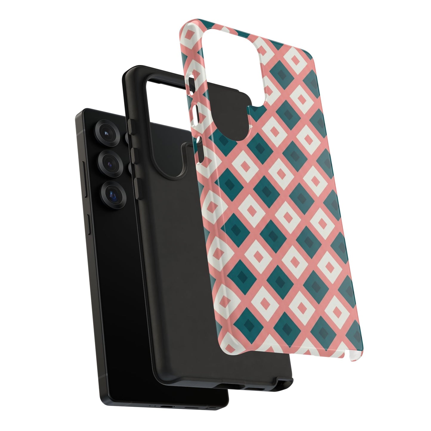 Geometric Diamond Pattern Tough Phone Case — Retro Pink & Teal Protective Cover