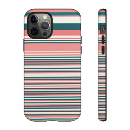 Striped Tough Phone Case — Coral, Teal & White Protective Cover