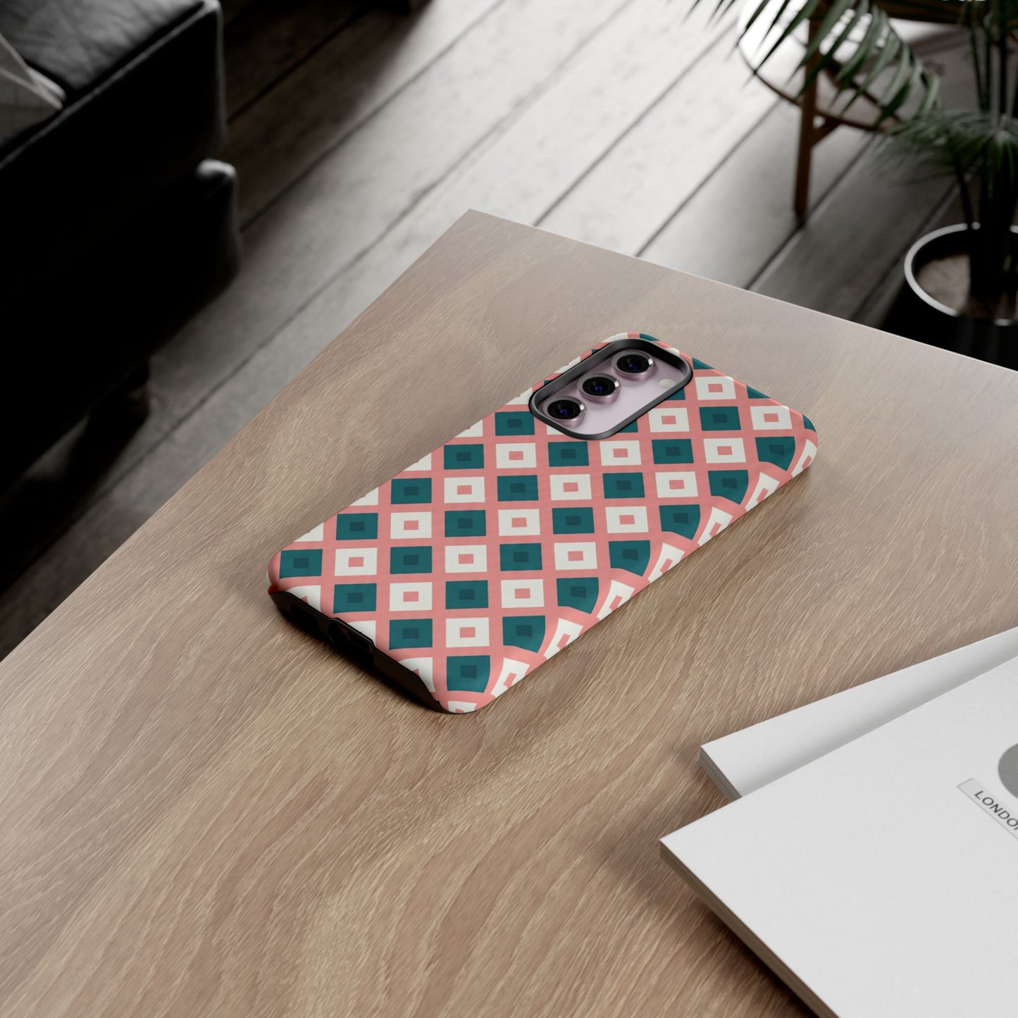 Geometric Diamond Pattern Tough Phone Case — Retro Pink & Teal Protective Cover