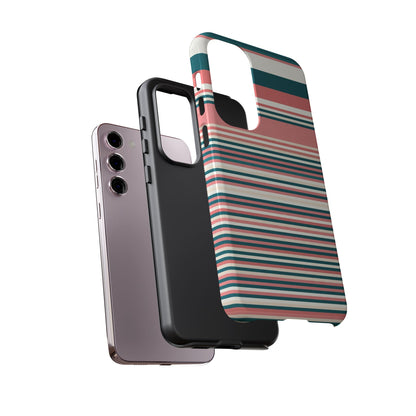 Striped Tough Phone Case — Coral, Teal & White Protective Cover