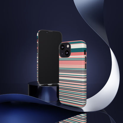 Striped Tough Phone Case — Coral, Teal & White Protective Cover