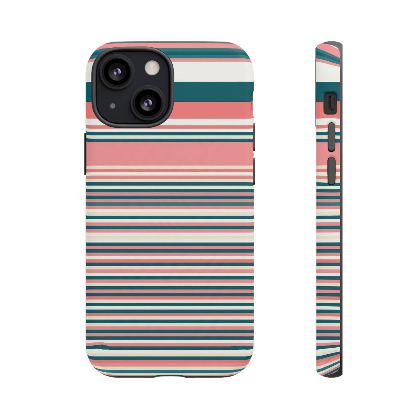 Striped Tough Phone Case — Coral, Teal & White Protective Cover