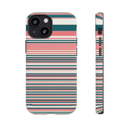 Striped Tough Phone Case — Coral, Teal & White Protective Cover