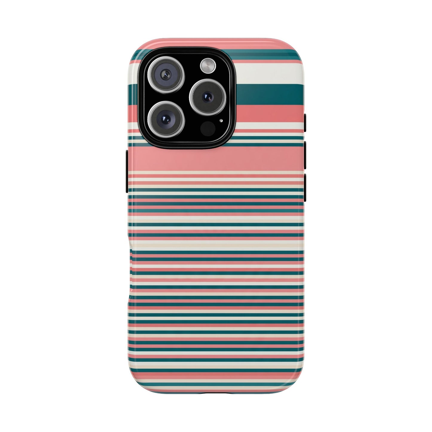 Striped Tough Phone Case — Coral, Teal & White Protective Cover