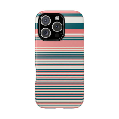 Striped Tough Phone Case — Coral, Teal & White Protective Cover