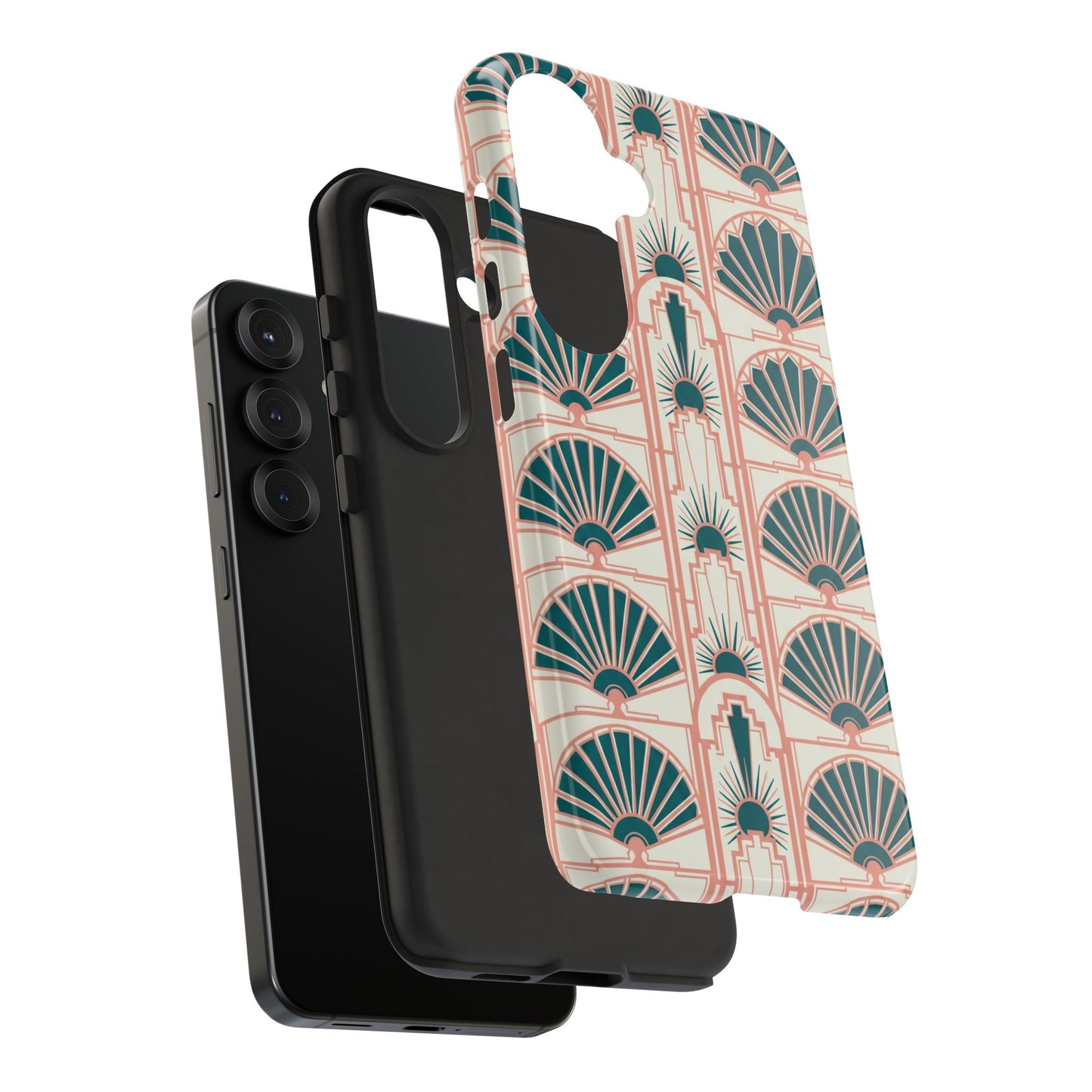 Art Deco Fan Pattern Tough Phone Case — Teal & Blush Retro Protection