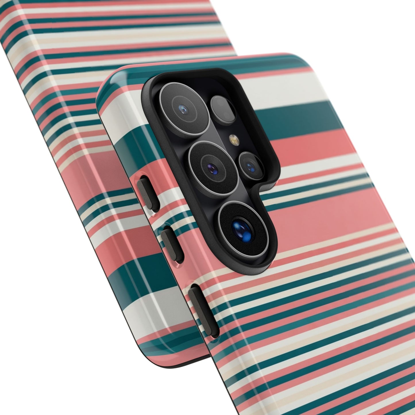 Striped Tough Phone Case — Coral, Teal & White Protective Cover