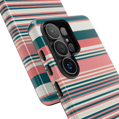 Striped Tough Phone Case — Coral, Teal & White Protective Cover