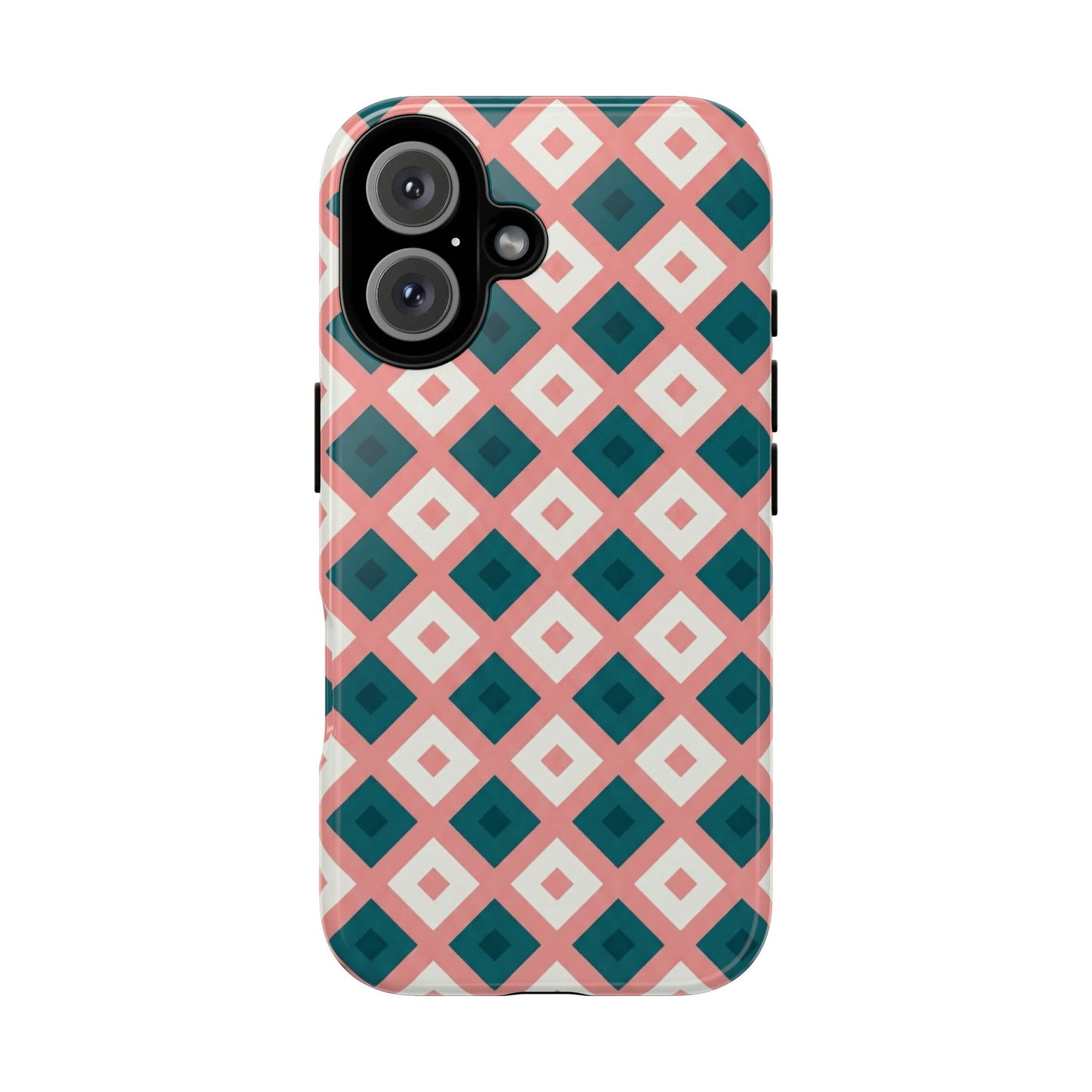 Geometric Diamond Pattern Tough Phone Case — Pink & Teal Protective Cover