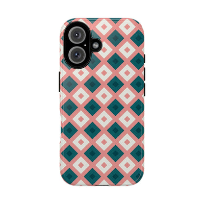 Geometric Diamond Pattern Tough Phone Case — Pink & Teal Protective Cover