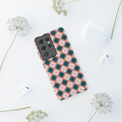 Geometric Diamond Pattern Tough Phone Case — Retro Pink & Teal Protective Cover