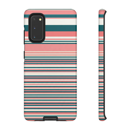 Striped Tough Phone Case — Coral, Teal & White Protective Cover