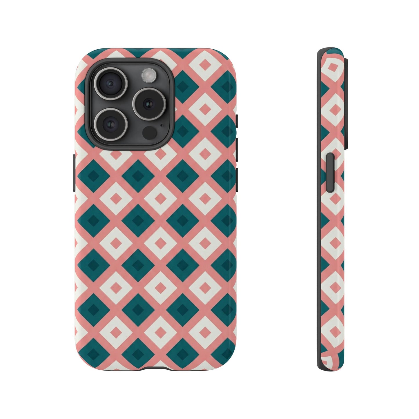 Geometric Diamond Pattern Tough Phone Case — Pink & Teal Protective Cover