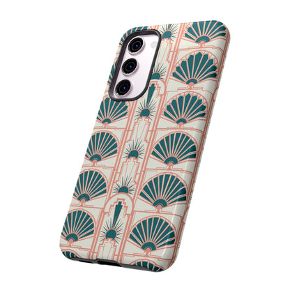 Art Deco Fan Pattern Tough Phone Case — Teal & Blush Retro Protection
