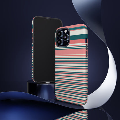 Striped Tough Phone Case — Coral, Teal & White Protective Cover