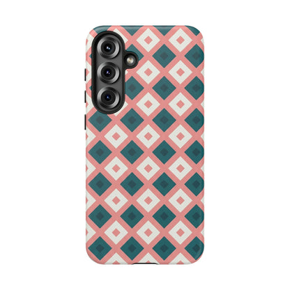 Geometric Diamond Pattern Tough Phone Case — Retro Pink & Teal Protective Cover