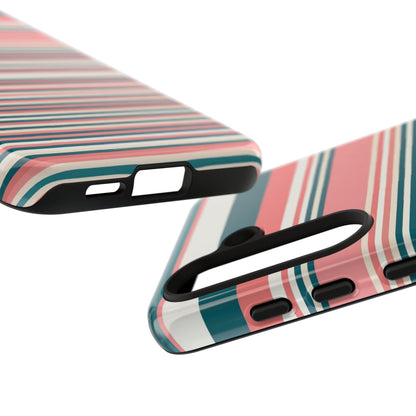 Striped Tough Phone Case — Coral, Teal & White Protective Cover