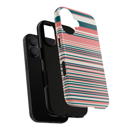 Striped Tough Phone Case — Coral, Teal & White Protective Cover