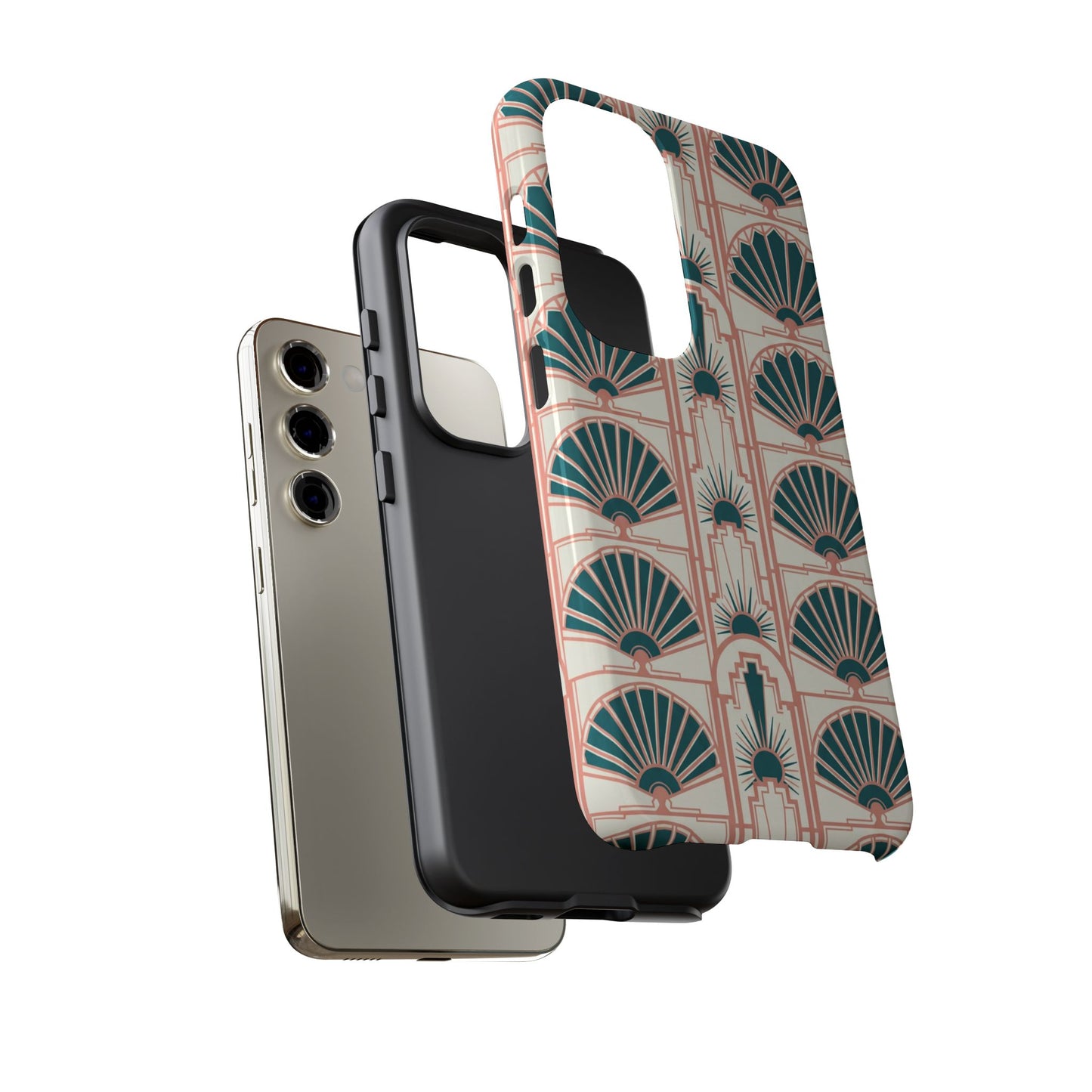 Art Deco Fan Pattern Tough Phone Case — Teal & Blush Retro Protection
