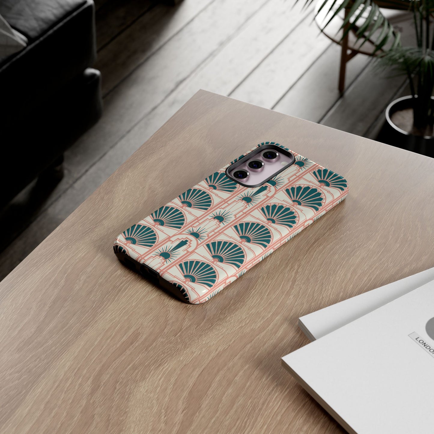 Art Deco Fan Pattern Tough Phone Case — Teal & Blush Retro Protection