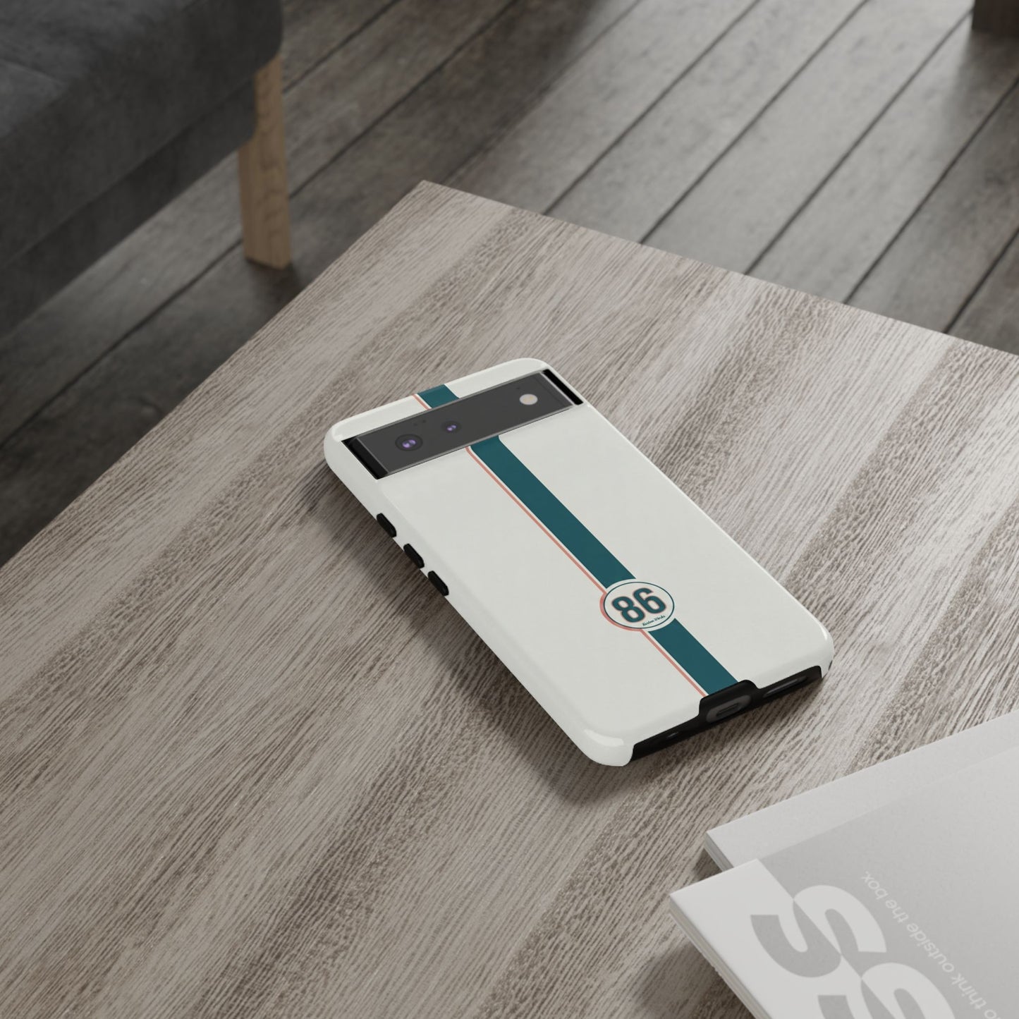 Racing Stripe Tough Phone Case — Retro White With '86 Circle Badge
