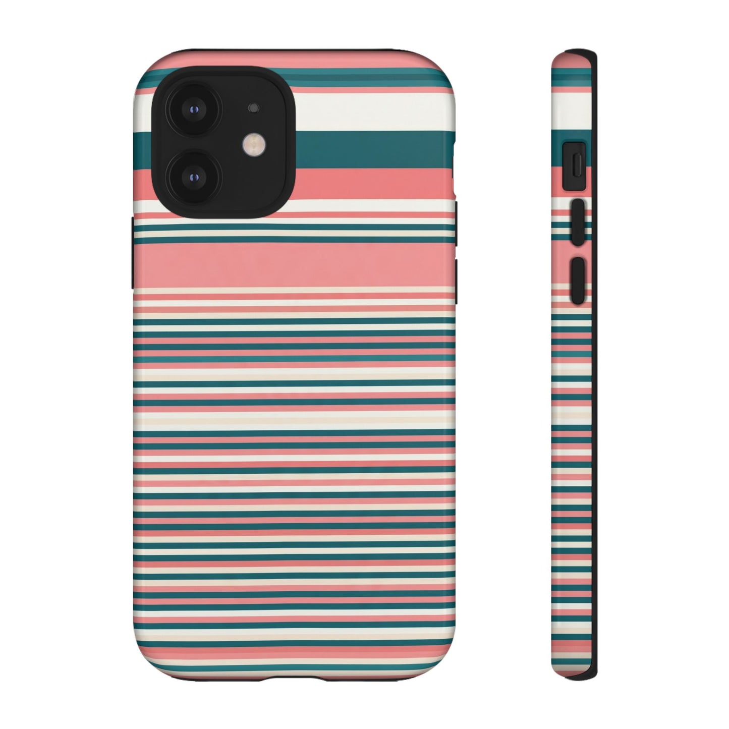 Striped Tough Phone Case — Coral, Teal & White Protective Cover