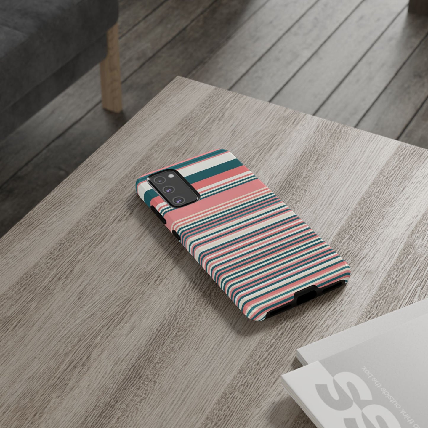 Striped Tough Phone Case — Coral, Teal & White Protective Cover