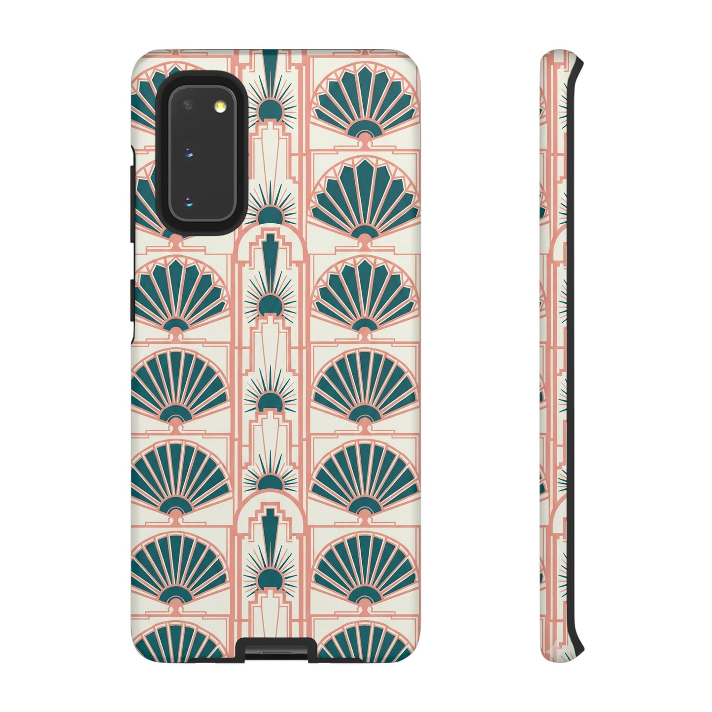 Art Deco Fan Pattern Tough Phone Case — Teal & Blush Retro Protection