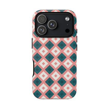 Geometric Diamond Pattern Tough Phone Case — Pink & Teal Protective Cover