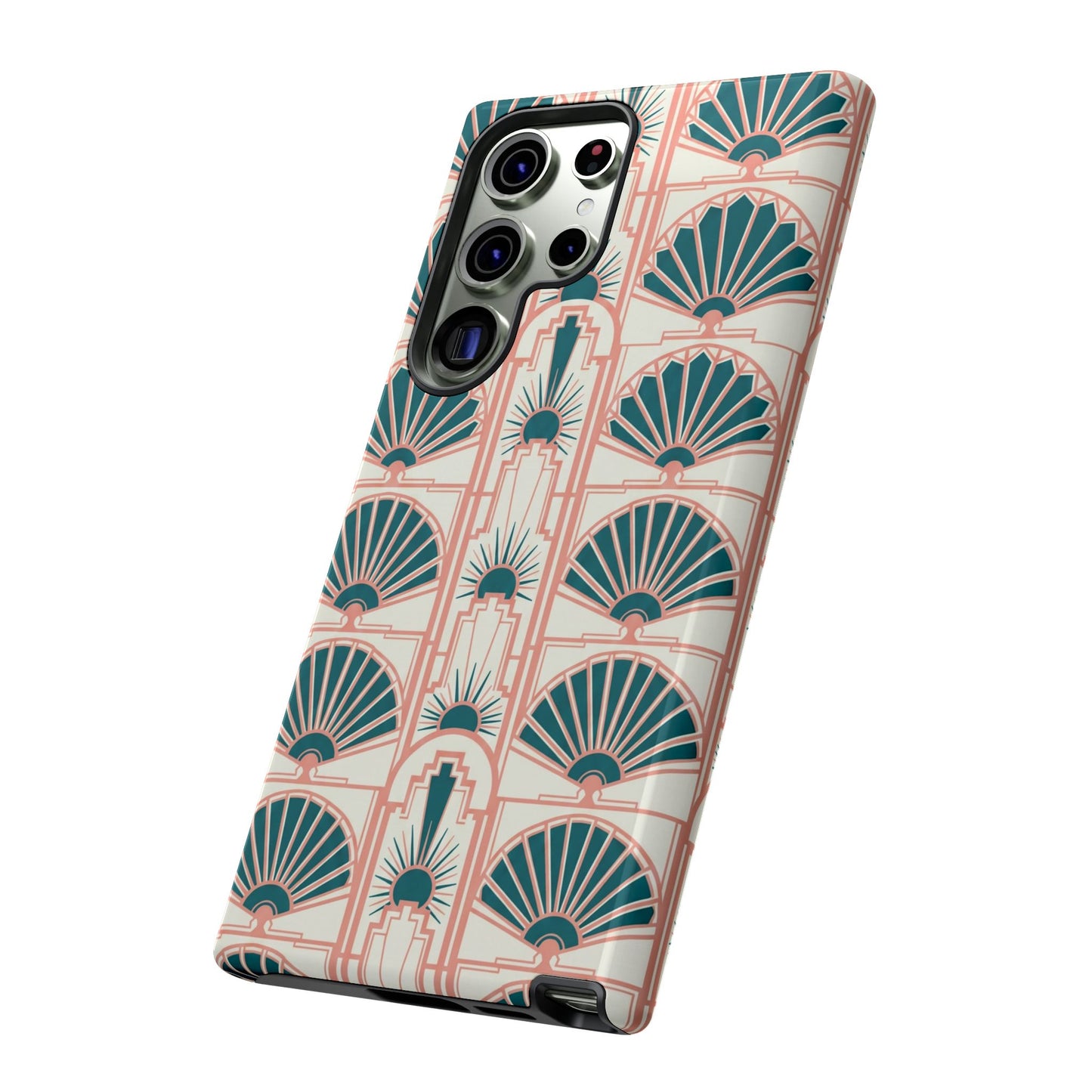 Art Deco Fan Pattern Tough Phone Case — Teal & Blush Retro Protection