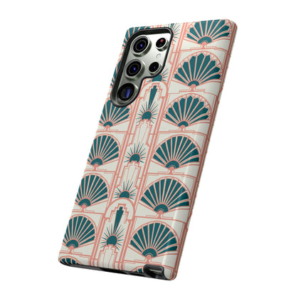 Art Deco Fan Pattern Tough Phone Case — Teal & Blush Retro Protection
