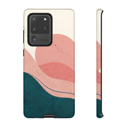 Abstract Sunset Waves Tough Phone Case — Pink & Teal Protective Cover