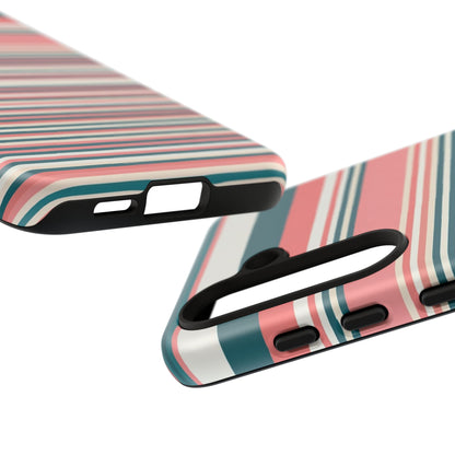 Striped Tough Phone Case — Coral, Teal & White Protective Cover