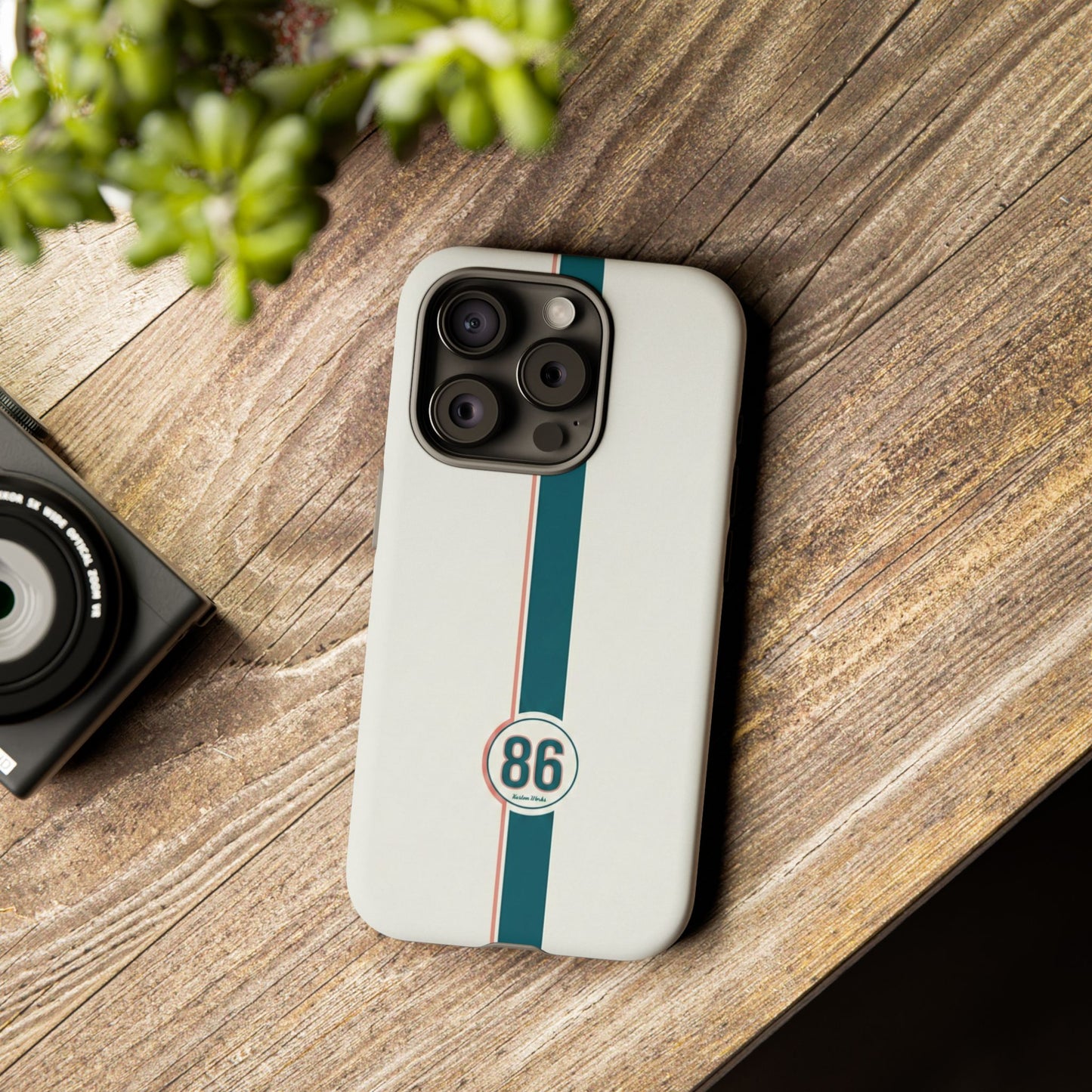 Racing Stripe Tough Phone Case — Retro White With '86 Circle Badge