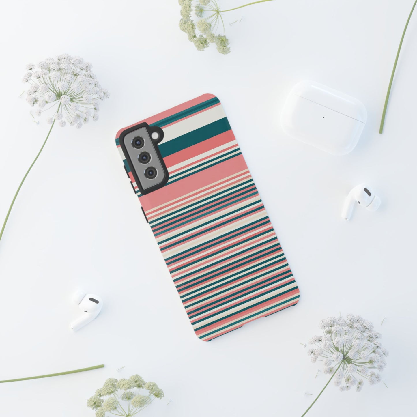 Striped Tough Phone Case — Coral, Teal & White Protective Cover