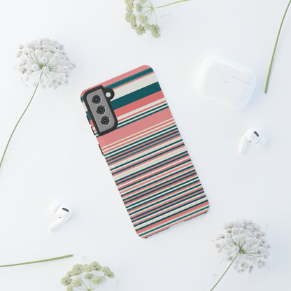 Striped Tough Phone Case — Coral, Teal & White Protective Cover