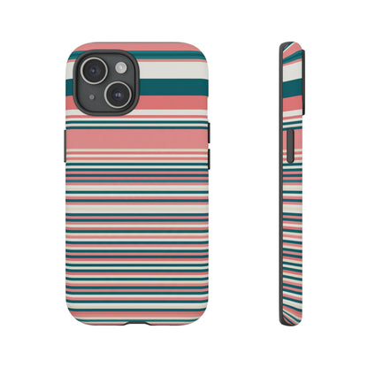 Striped Tough Phone Case — Coral, Teal & White Protective Cover
