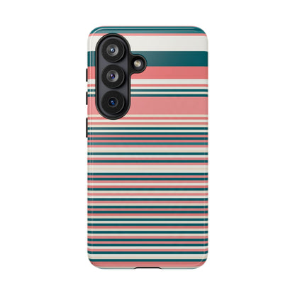 Striped Tough Phone Case — Coral, Teal & White Protective Cover
