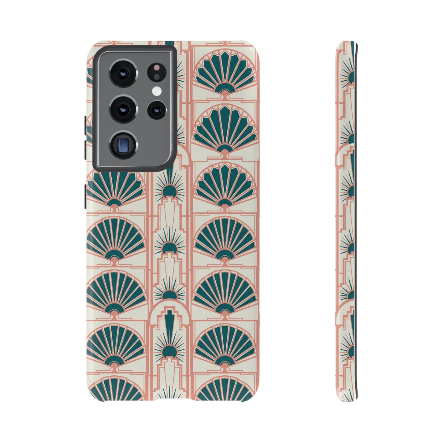 Art Deco Fan Pattern Tough Phone Case — Teal & Blush Retro Protection