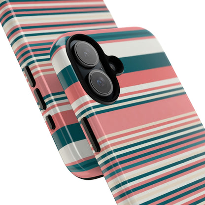 Striped Tough Phone Case — Coral, Teal & White Protective Cover