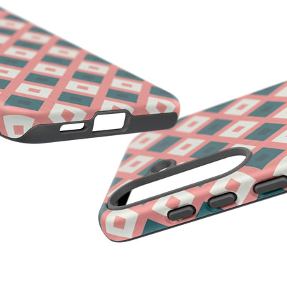 Geometric Diamond Pattern Tough Phone Case — Retro Pink & Teal Protective Cover