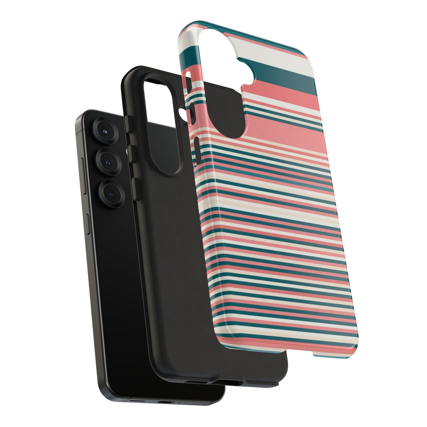 Striped Tough Phone Case — Coral, Teal & White Protective Cover