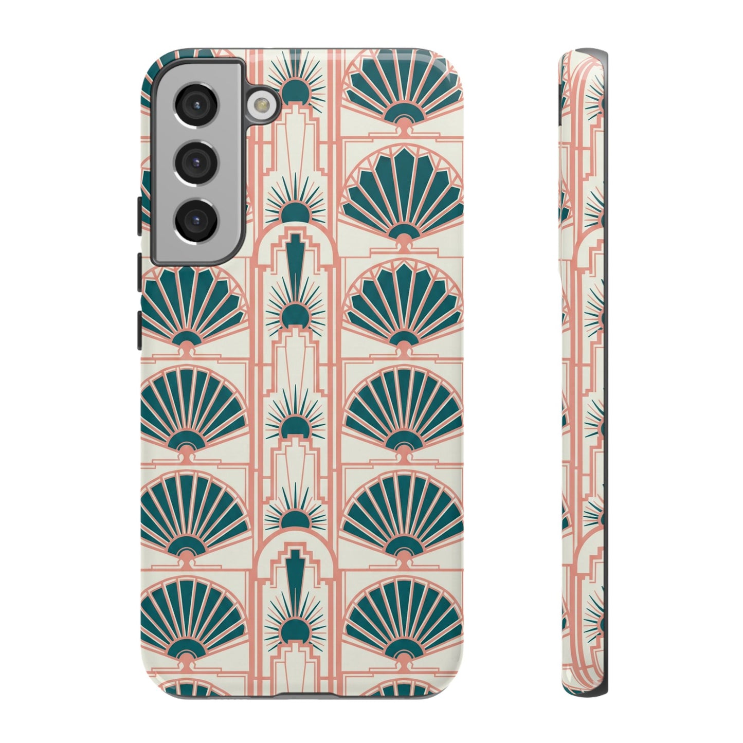 Art Deco Fan Pattern Tough Phone Case — Teal & Blush Retro Protection