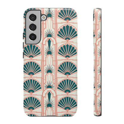 Art Deco Fan Pattern Tough Phone Case — Teal & Blush Retro Protection