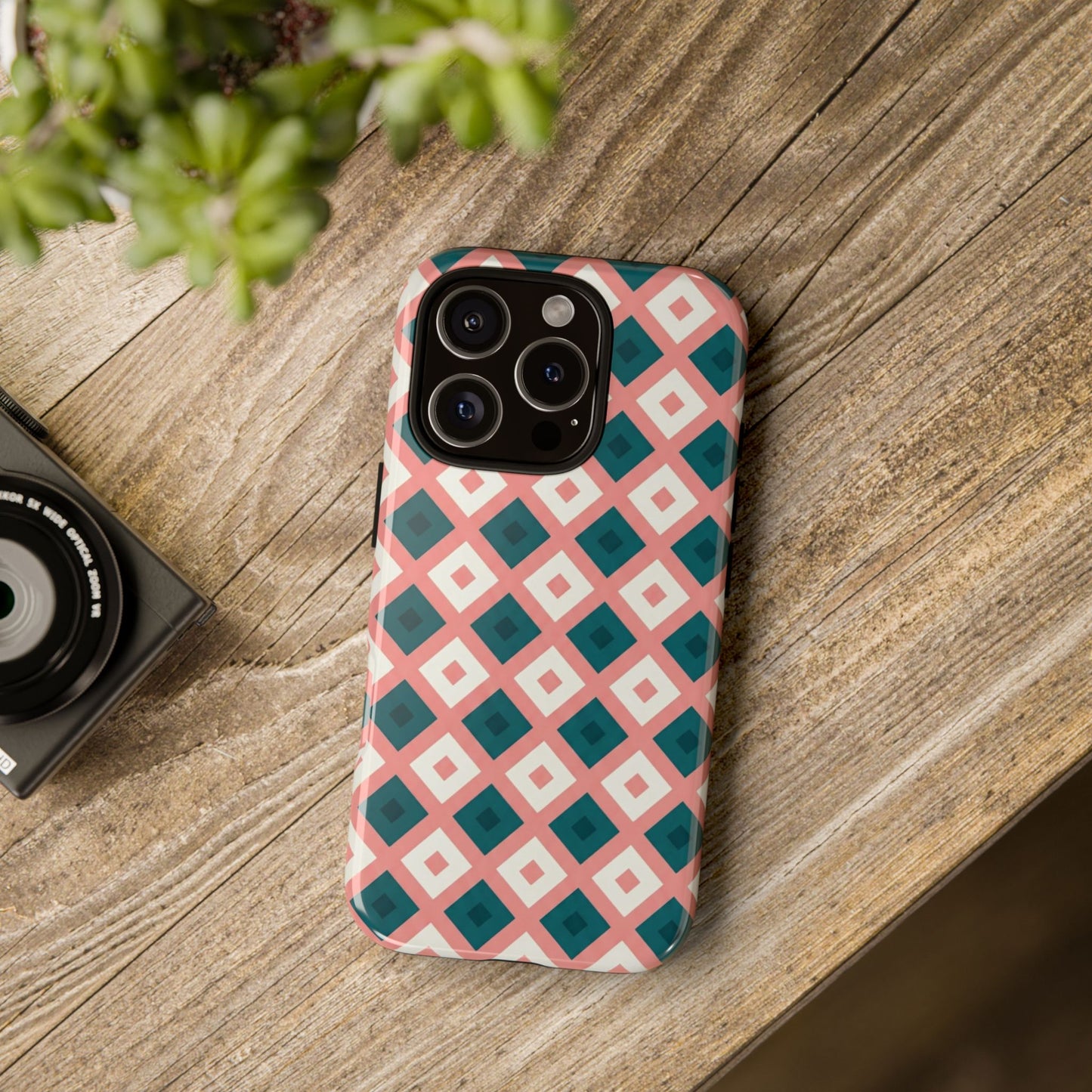 Geometric Diamond Pattern Tough Phone Case — Pink & Teal Protective Cover