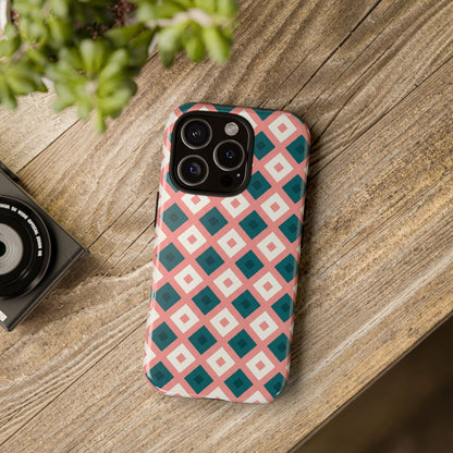 Geometric Diamond Pattern Tough Phone Case — Pink & Teal Protective Cover