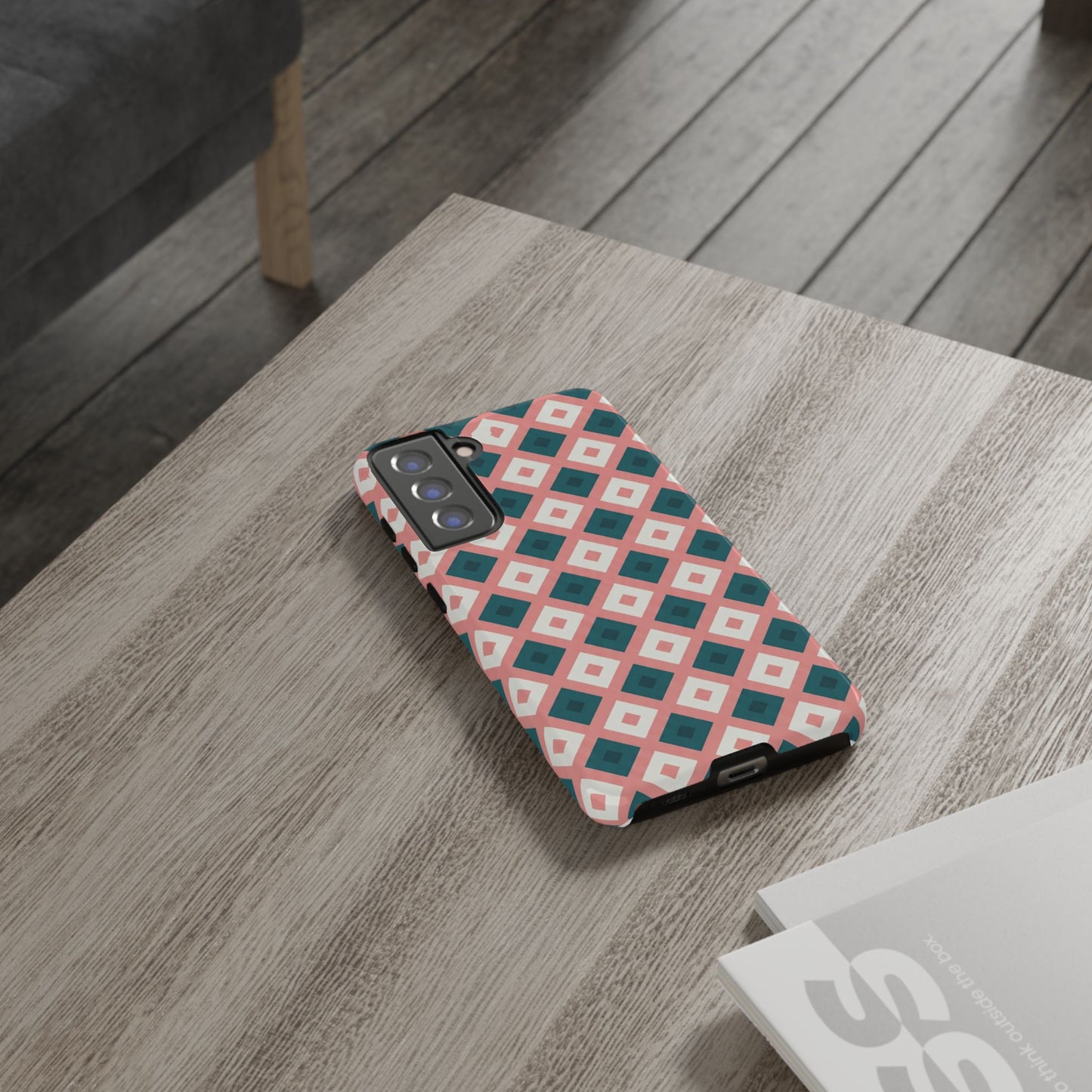 Geometric Diamond Pattern Tough Phone Case — Retro Pink & Teal Protective Cover