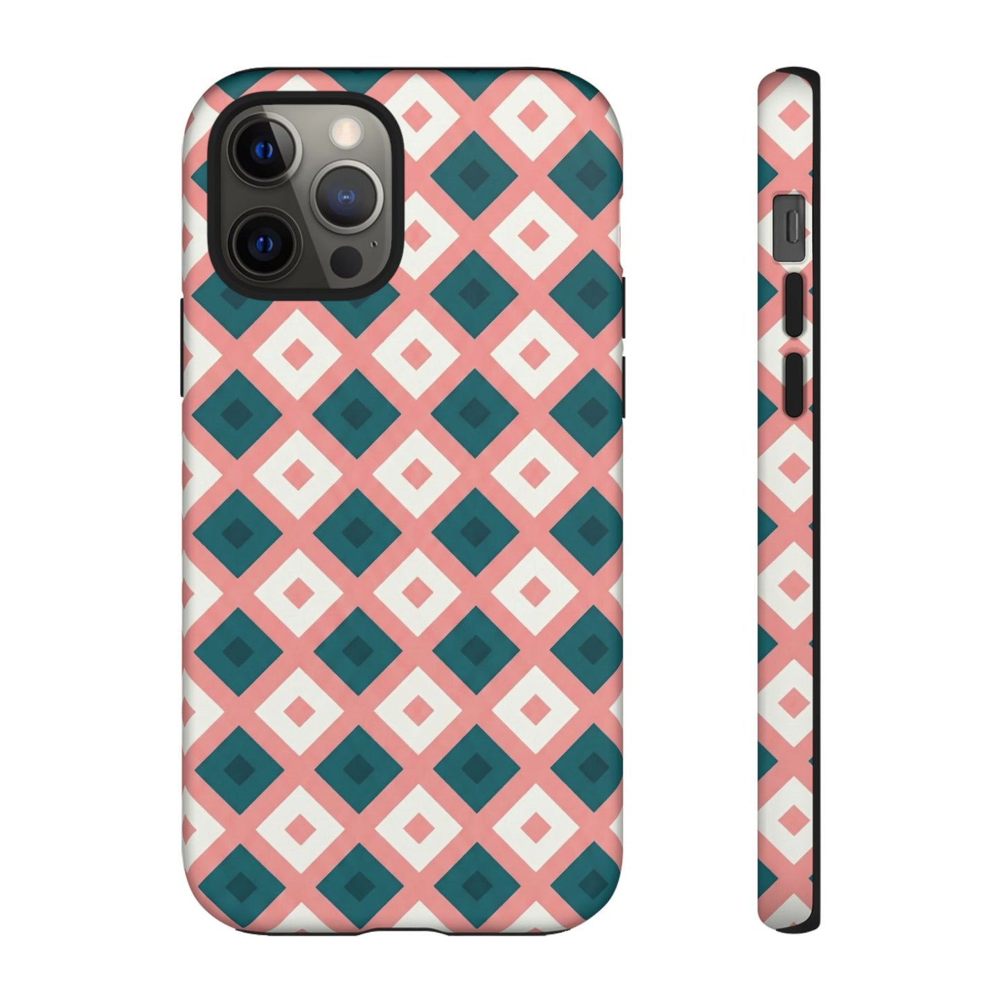 Geometric Diamond Pattern Tough Phone Case — Pink & Teal Protective Cover