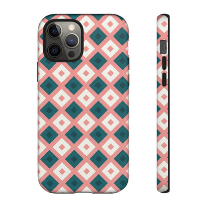 Geometric Diamond Pattern Tough Phone Case — Pink & Teal Protective Cover