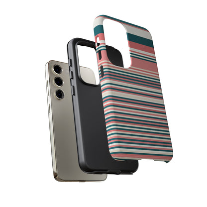 Striped Tough Phone Case — Coral, Teal & White Protective Cover